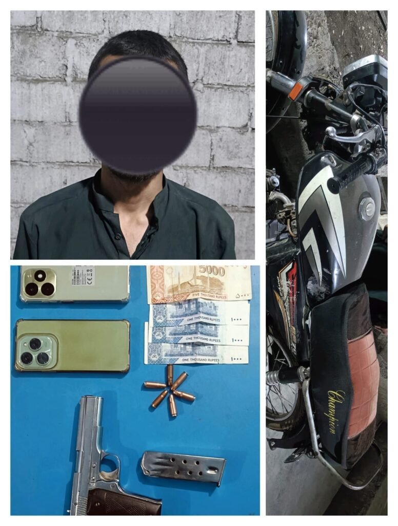 نیو کراچی انڈسٹریل ایریا میں وارداتیں کرنے والا مغیری گینگ کا اہم کارندہ گرفتار — اسلحہ، موٹر سائیکل اور موبائل فون برآمد 1 WhatsApp Image 2025 04 17 at 4.20.41 PM