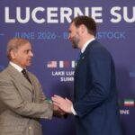 Prime Minister Shehbaz Sharif meeting US Vice President JD Vance in Bürgenstock during diplomatic discussions.