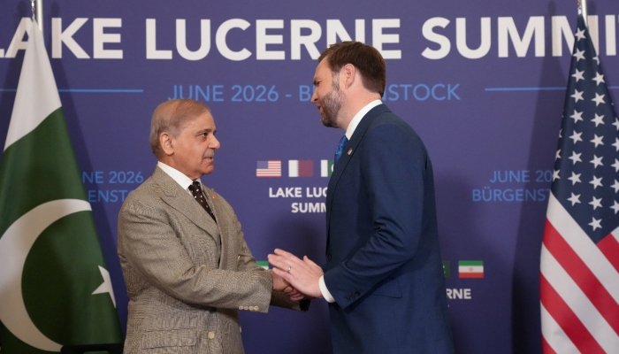 Prime Minister Shehbaz Sharif meeting US Vice President JD Vance in Bürgenstock during diplomatic discussions.