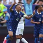 Kylian Mbappe celebrating goal during France vs Iraq FIFA World Cup match in Philadelphia stadium
