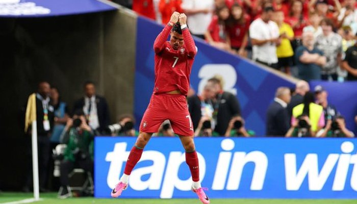Cristiano Ronaldo celebrating one of his two goals during Portugal's 5-0 FIFA World Cup victory over Uzbekistan.