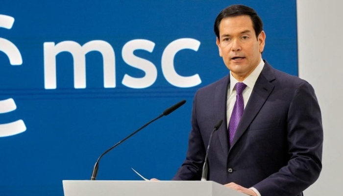 US Secretary of State Marco Rubio speaking during a meeting with Gulf foreign ministers in Bahrain.