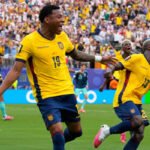 Ecuador players celebrate after defeating Germany 2-1 in the FIFA World Cup 2026 Group E match.