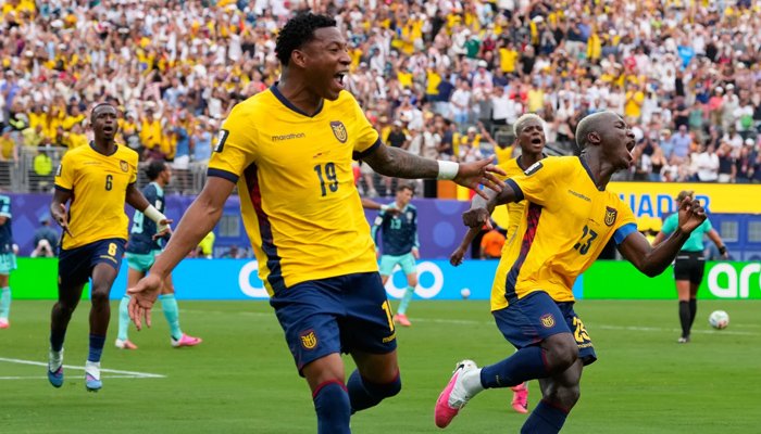 Ecuador players celebrate after defeating Germany 2-1 in the FIFA World Cup 2026 Group E match.