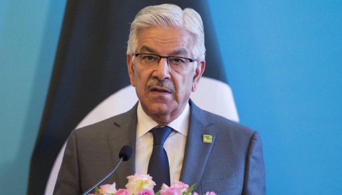 Pakistan Defence Minister Khawaja Asif addressing journalists during a media talk in Sialkot.