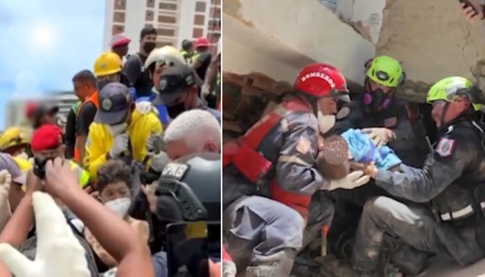 Emergency teams rescue survivors from collapsed buildings after the Venezuela earthquake