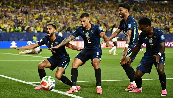 Brazil players celebrating goal during World Cup match against Haiti in Philadelphia