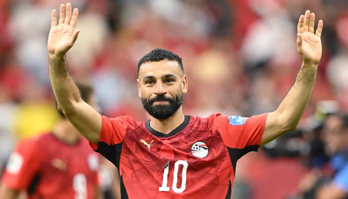 Mohamed Salah scoring a goal for Egypt during FIFA World Cup match against New Zealand in Vancouver.