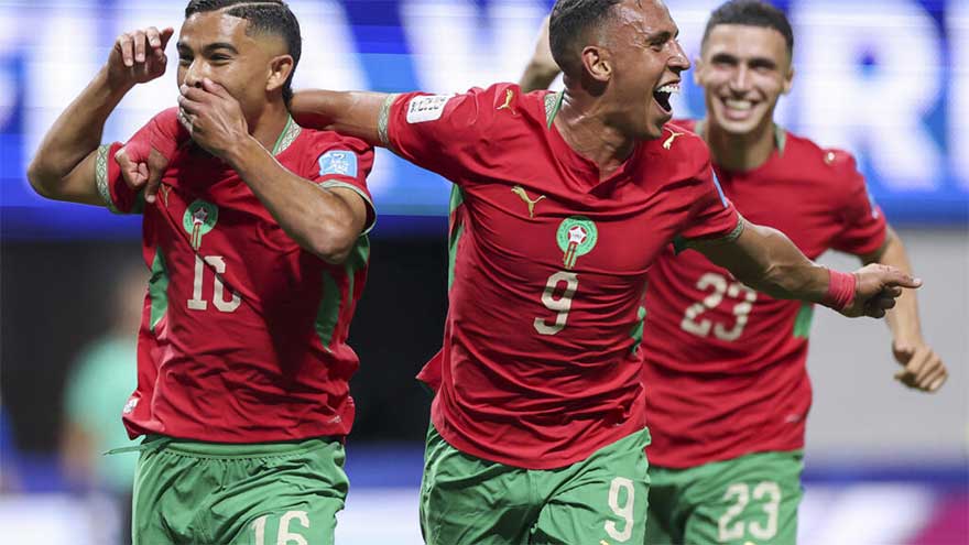 Morocco football team celebrating a goal during their FIFA World Cup 2026 match against Haiti in Atlanta.