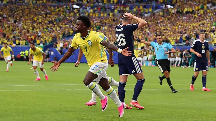 Brazil forward Vinicius Junior celebrating a goal during the FIFA World Cup 2026 match against Scotland.
