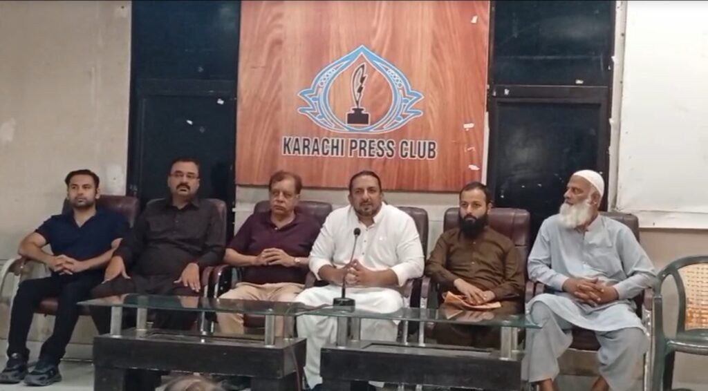 Representatives of the All Pakistan CNG Association speak at a press conference in Karachi.