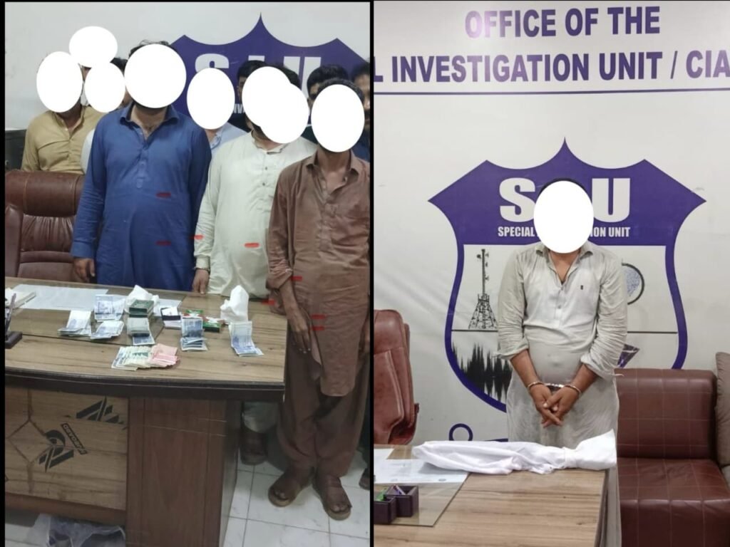 SIU Karachi police arrest gamblers and recover drugs, cash, and illegal weapon during raid.