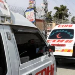 Police personnel deployed near the reported gunfire and explosion site in Gulistan-e-Jauhar, Karachi.