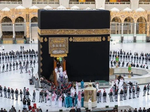 Officials participate in the annual Kaaba washing ceremony inside Masjid al Haram in Makkah