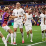 Erling Haaland celebrates after scoring Norway's winning goal against Ivory Coast in the FIFA World Cup 2026 knockout stage.