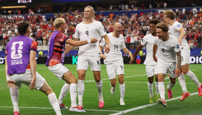 Erling Haaland celebrates after scoring Norway's winning goal against Ivory Coast in the FIFA World Cup 2026 knockout stage.