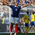 Kylian Mbappe celebrates after scoring during France's 3-0 victory over Sweden in the FIFA World Cup 2026 knockout stage.