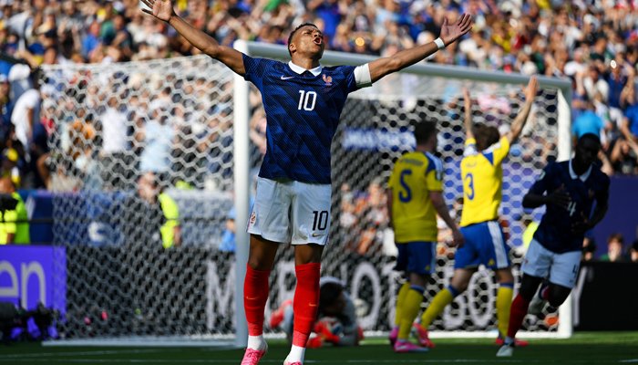 Kylian Mbappe celebrates after scoring during France's 3-0 victory over Sweden in the FIFA World Cup 2026 knockout stage.