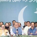 Aleem Khan speaking at a press conference in Islamabad after welcoming new members to Istehkam Pakistan Party.