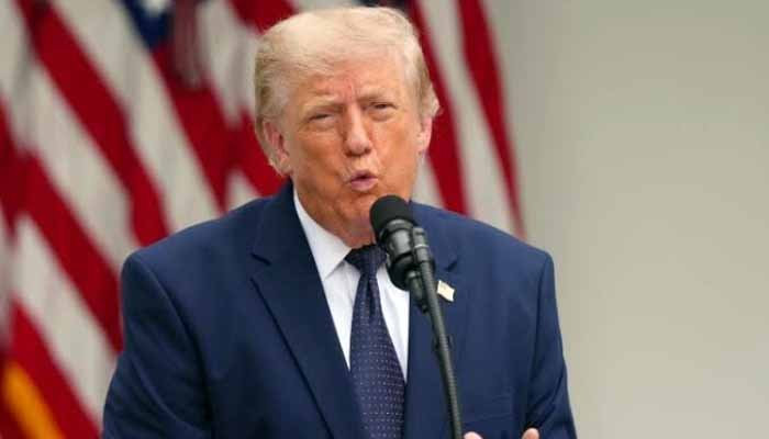 US President Donald Trump speaking to reporters before departing for the NATO summit in Türkiye.