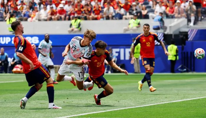 Spain players celebrate after defeating Belgium in the FIFA World Cup 2026 quarter-final.