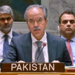 Pakistan's Permanent Representative to the United Nations Asim Iftikhar speaking at the UN Security Council.