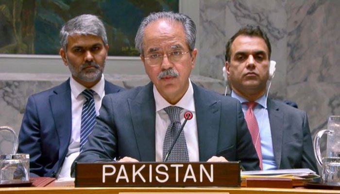Pakistan's Permanent Representative to the United Nations Asim Iftikhar speaking at the UN Security Council.