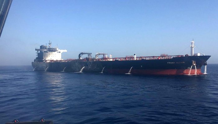 Damaged UAE oil tanker following a reported missile attack in the Strait of Hormuz.