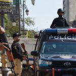 Police officials briefing the media on the investigation into the Dr. Akash murder case in Karachi.