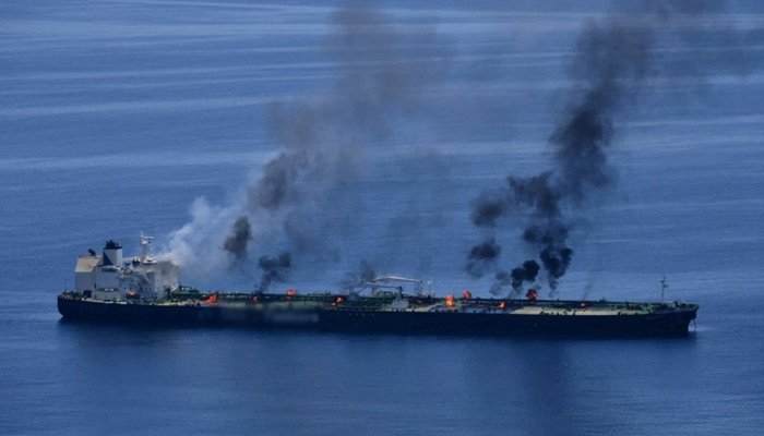 A Saudi-owned oil tanker sailing in the Red Sea after an alleged missile attack.
