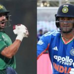 Pakistan batter Sahibzada Farhan celebrates after rising to second place in the ICC T20 International batting rankings.