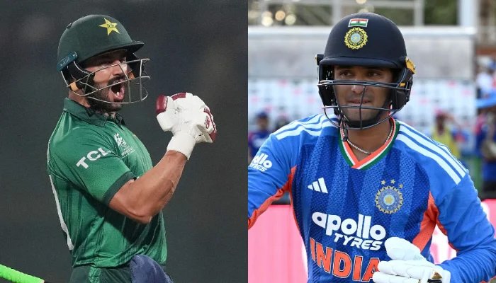 Pakistan batter Sahibzada Farhan celebrates after rising to second place in the ICC T20 International batting rankings.