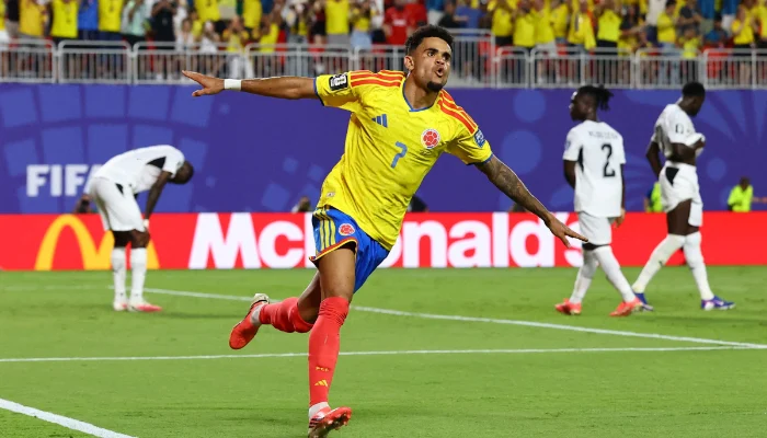 Jhon Arias celebrates Colombia's 1-0 victory over Ghana in the FIFA World Cup 2026.