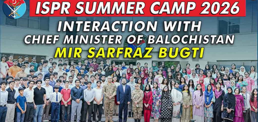Balochistan Chief Minister Mir Sarfraz Bugti addresses students during an interactive session at ISPR Summer Camp 2026.