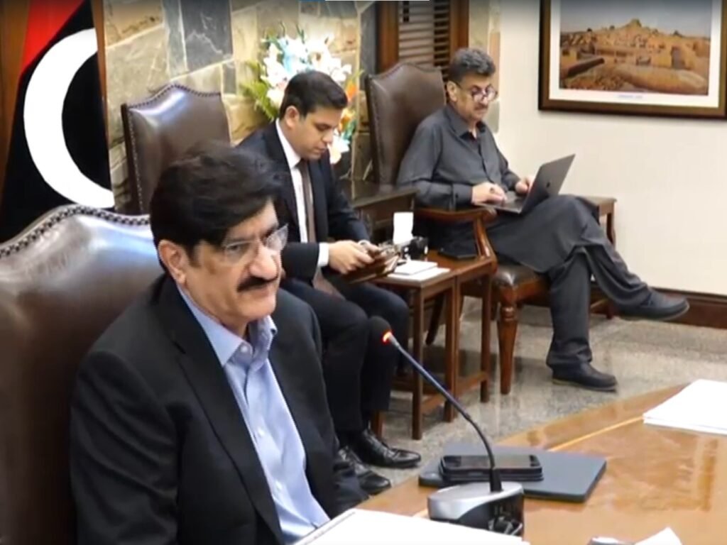 Sindh Chief Minister Murad Ali Shah chairs a high-level law and order meeting with senior police and government officials in Karachi.