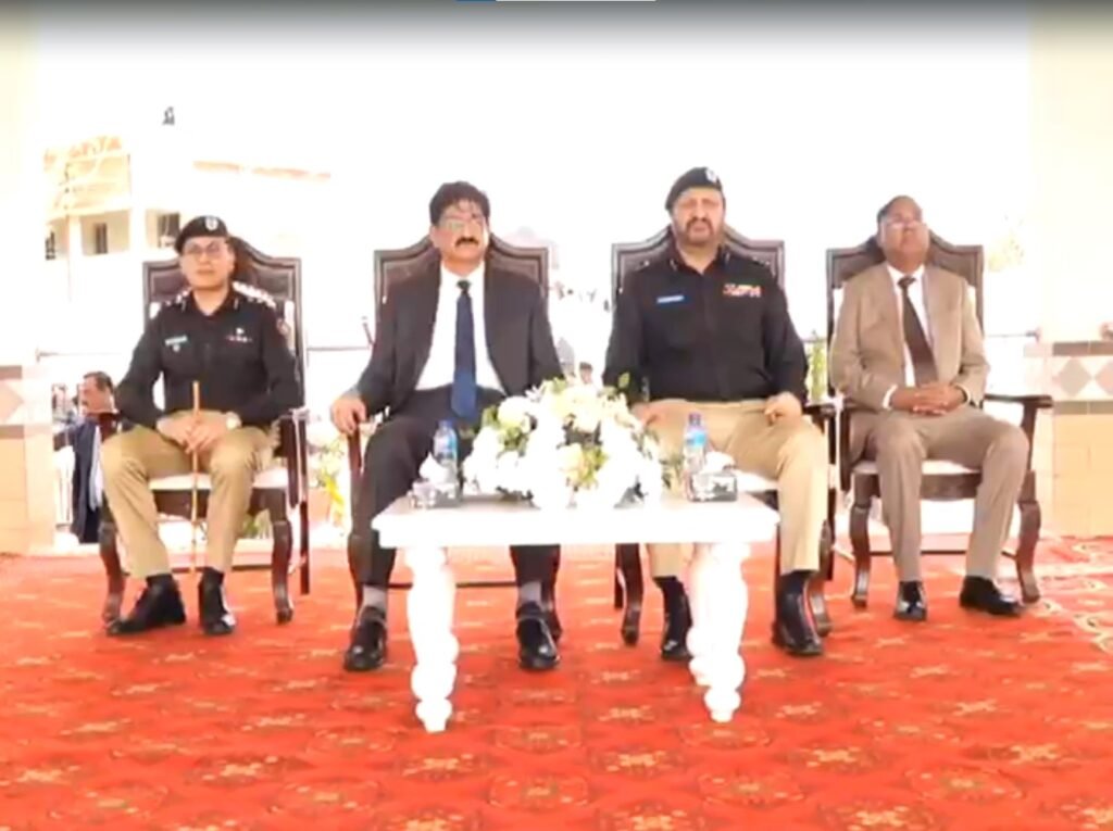 IG Sindh Javed Alam Odho addressing newly graduated police recruits at the 132nd Passing Out Parade at Shahid Hayat Police Training College.