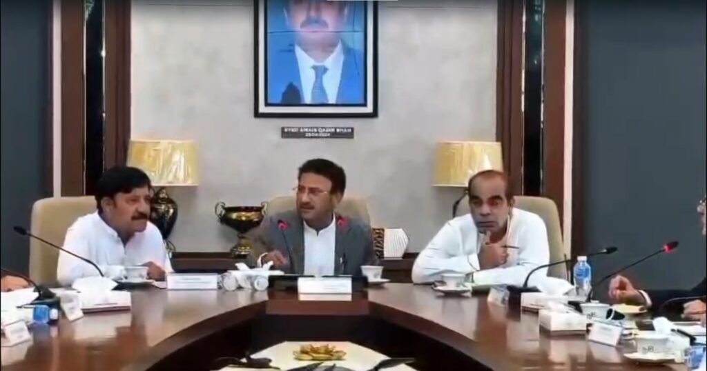 Sindh Interior Minister Zia Ul Hassan Lanjar chairs a meeting on the implementation of the Agriculture Income Tax Act 2025 in Karachi.