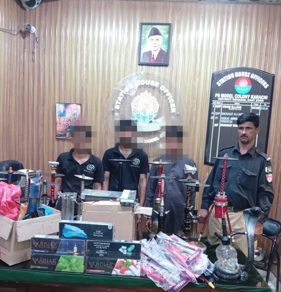 Sheesha pipes and smoking accessories recovered during a Model Colony Police raid in Karachi.