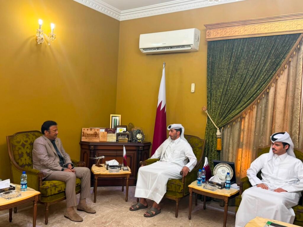 Sindh Home Minister Zia ul Hassan Lanjar meets Acting Qatari Consul General Ali Rashid Al Marri during a condolence visit in Karachi.