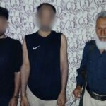 District East Police officials display recovered crystal narcotics after arresting two suspected drug dealers in Karachi's Soldier Bazaar.
