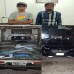 Korangi Industrial Area Police display seized harmful betel nut products after a raid that led to the arrest of two suspects in Karachi.