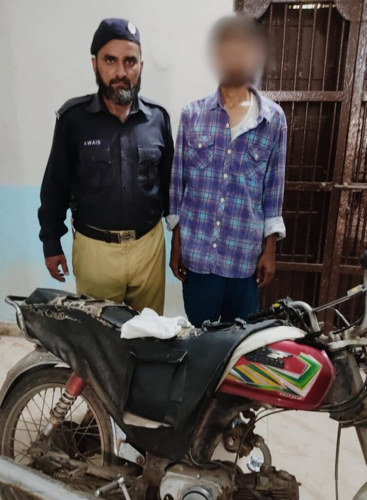 Brigade Police officers with seized illegal weapons, liquor, gutka packets and a recovered stolen motorcycle after operations in Karachi.