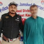 East Zone Jamshed Quarters Police displaying recovered gutka mawa after arresting two suspects in Karachi.
