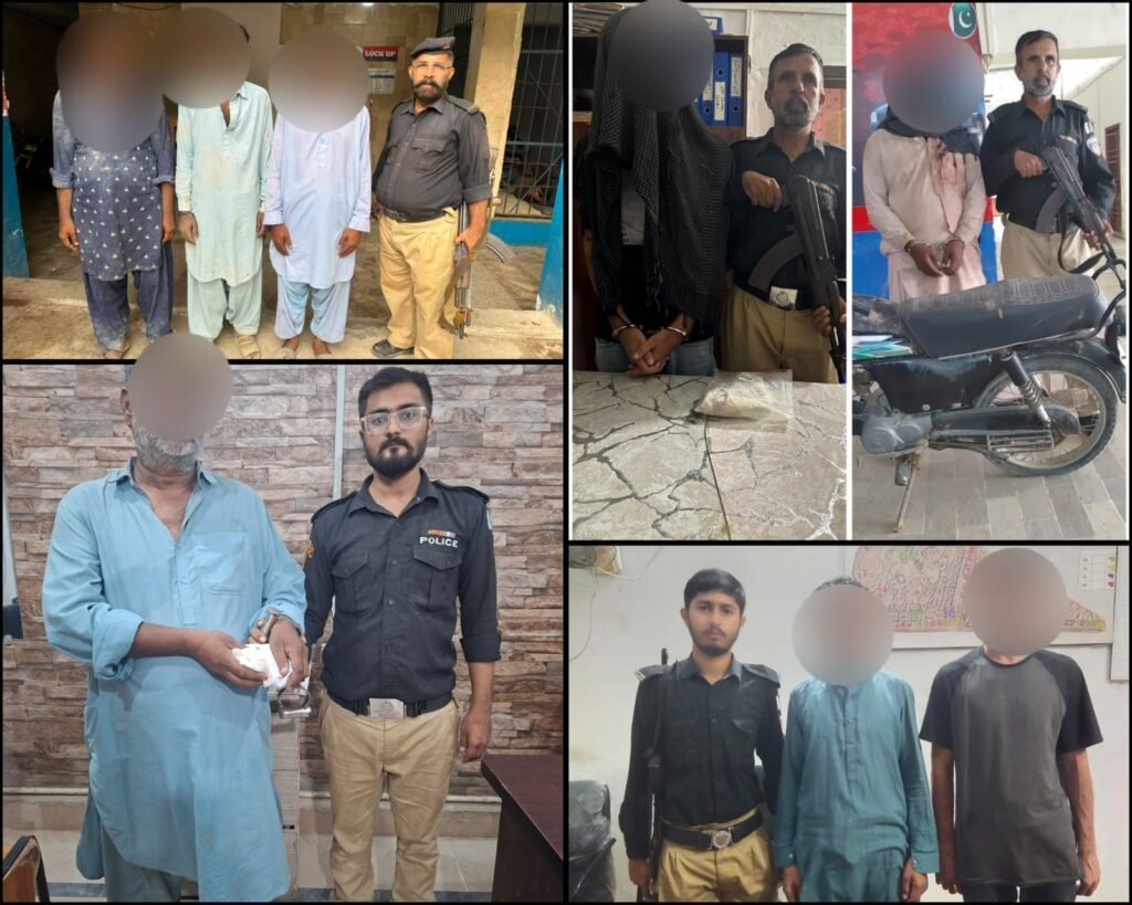Police officers during operations against illegal construction, gambling, and criminal suspects in Karachi's Central District.