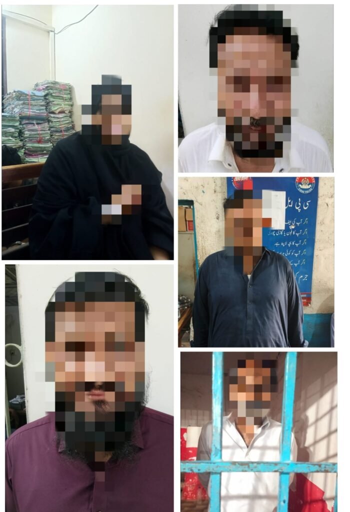 Karachi police officers with arrested suspects during investigation operations in Malir District.