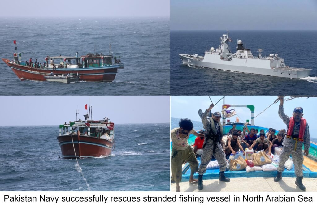 Pakistan Navy ship PNS Taimur conducts a rescue operation for a stranded fishing boat in the North Arabian Sea.
