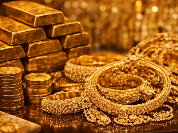Gold jewellery displayed at a jewellery shop as gold prices increase and silver prices fall in local and global markets.