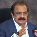 PML-N leader Rana Sanaullah speaks during a press conference on Azad Kashmir election results alongside Amir Muqam.