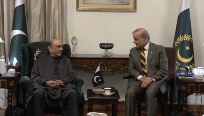 nt Asif Ali Zardari and Prime Minister Shehbaz Sharif during a meeting at Aiwan-e-Sadr