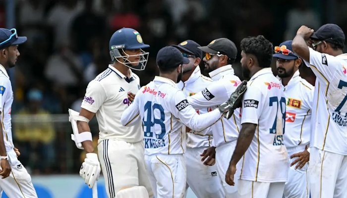 Yashasvi Jaiswal and Asitha Fernando during a Test cricket match between India and Sri Lanka